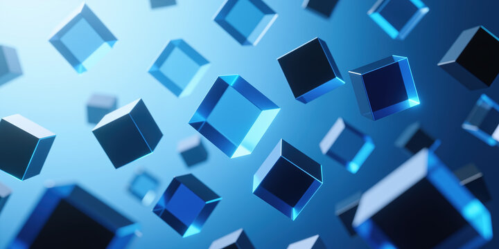 Multiple blue cubes of varying shades and reflecting light appear to be floating in mid-air, against a gradient background with a subtle blur effect.