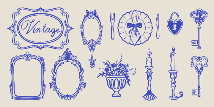 Hand drawn vintage decorative set with ornate frames and classic elements. Collection includes elegant baroque style borders, floral ornaments, mirror frames, keys, and candles. Vector illustration.