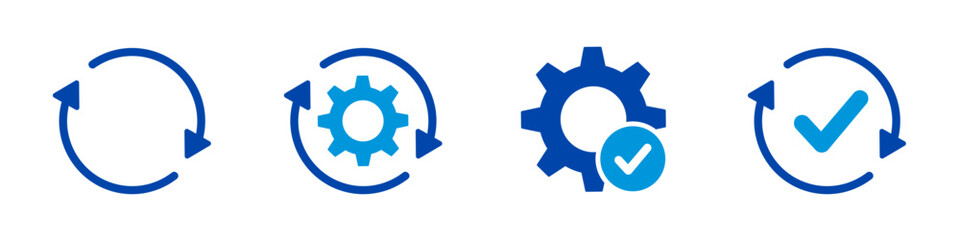 Obraz premium Sync process, icon reload set, circle arrow with gear wheel, recycling recurrence, renewal refresh processing icons, settings, update with a checkmark