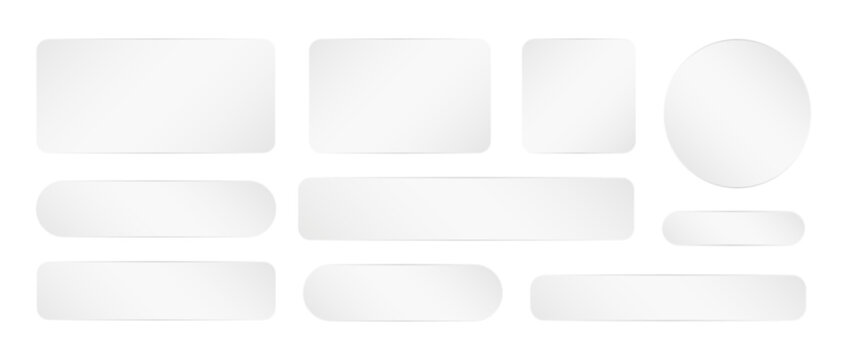 Rectangular and round semi-transparent glass UI UX element frames set, morphism buttons with shiny reflections isolated on transparent bg