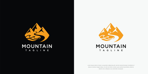 Mountain Logo with River Adventure Nature Travel Outdoor.