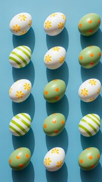 colorful patterned easter eggs arranged on a blue background casting distinct shadows