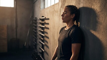 Tired woman resting against gym wall after workout in moody low light