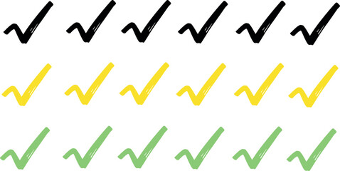 A vibrant collection of handdrawn check marks in black yellow and green colors symbolizing approval and task completion for various uses © tasu