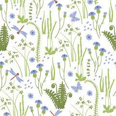 Wild flowers and herbs seamless pattern with dragonflies and butterflies. Natural background with field grasses in blue and green colors on a white. Eco-friendly botanical print on fabric and paper.