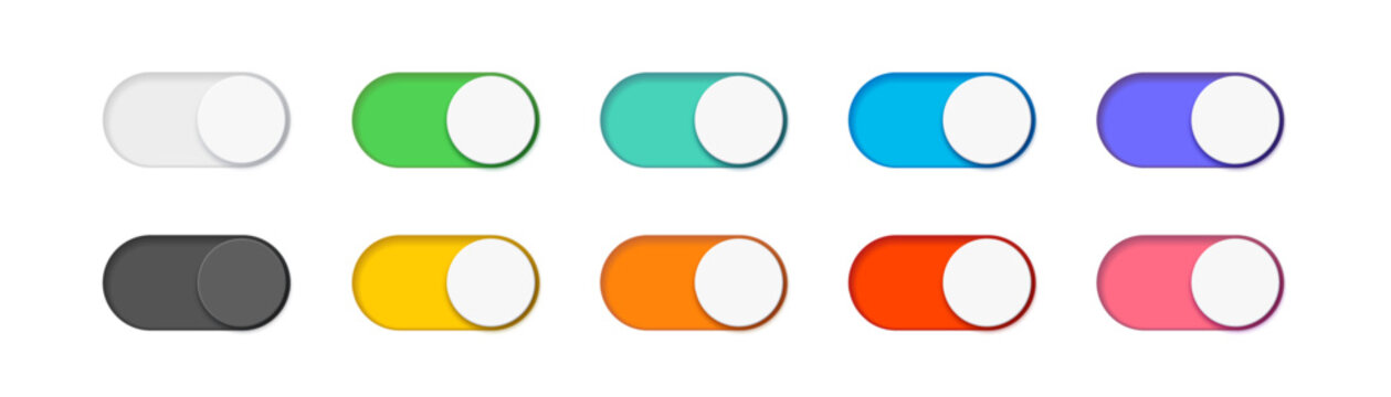 Colorful toggle switch buttons set in on and off states for UI interface, app and web dashboard. Active and inactive controls