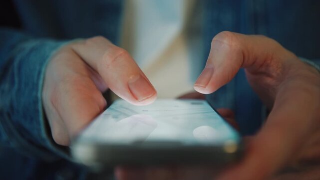 Close-up of man in blue denim shirt using smartphone map app in daylight indoors. Pinching and zooming on touchscreen while searching location. Navigation, route planning and mobile technology