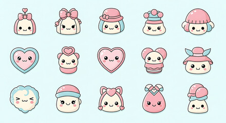 Kawaii Valentine Characters with Pink and Blue Accessories isolated on a transparent background
