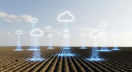 Digital Agriculture concept with futuristic cloud computing and data transfer over a vast farm landscape