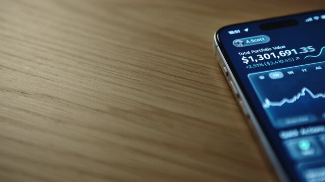 Smartphone with financial investment app showing portfolio growth placed on wooden table. Large copy space on left side for text, presentation or infographic. Business, fintech and wealth management