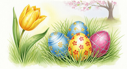 Fototapeta premium Watercolor painting of colorful eggs and a yellow tulip in green grass, symbolizing springtime, renewal, and Easter celebration with floral motif