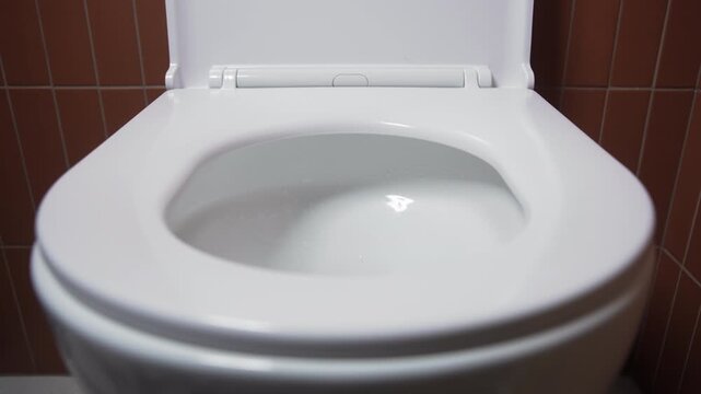Close view of toilet as someone lifts the lid. The seat and bowl are revealed inside tiled bathroom interior. No flushing or usage, simple everyday action in domestic restroom setting