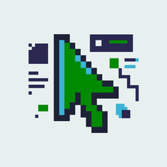 Pixel art cursor mouse pointer arrow clicking on digital interface elements representing website navigation online browsing technology innovation and user experience in flat design style for web devel