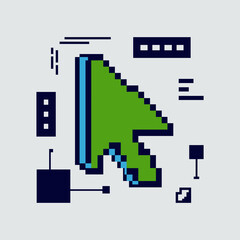 Pixelated computer mouse cursor pointing forward with abstract digital interface elements and data flow lines for technology concept presentation web design and UI UX development illustration