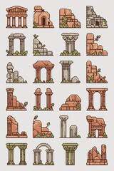 Pixel art ancient ruins and architectural elements collection with weathered stone columns arches and temple facades depicting historical remnants overgrown with moss and vines for game assets and fan