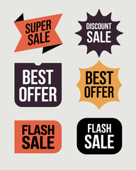 Super Sale Discount Best Offer Flash Sale Labels and Badges for Retail Marketing Promotions and E-commerce Advertising Graphic Design Elements in Modern Flat Style with Bold Typography