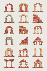 Ancient ruins pixel art architectural elements vintage stone arches crumbling columns and weathered structures for game design fantasy settings historical projects retro graphics and digital art illus