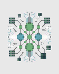 Abstract network diagram with interconnected nodes and servers representing data flow and digital communication technology concept for IT infrastructure and cloud computing solutions modern business v