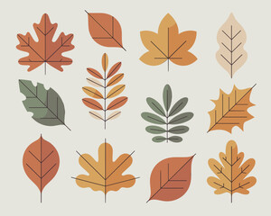Assortment of stylized flat autumn leaves in warm earth tones and muted greens arranged in a clean modern pattern for seasonal design elements and natural decor backgrounds vector illustration
