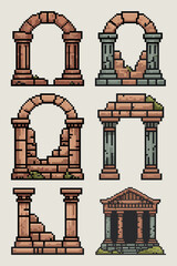 Pixel art ancient ruins and classical architecture elements for game design historical structures fragmented arches and columns vintage building assets for fantasy retro digital art projects and educa
