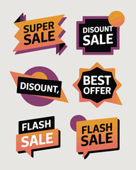 Set of sale discount and best offer badges with super flash and limited time promotions for retail marketing advertising and e-commerce website graphics modern abstract design elements for special dea