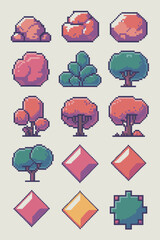 Pixel art game assets set of isometric stylized trees rocks and gems for retro video game design elements and user interface icons in 8 bit style retro gaming graphics for digital applications