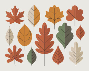 Vibrant abstract autumn leaves collection diverse fall foliage shapes botanical elements seasonal pattern design for nature backgrounds and decorative projects warm earth tones sophisticated flat illu