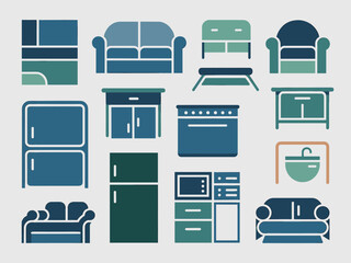 Modern furniture icons set flat design vector illustration isolated on white background contemporary home decor elements including sofas armchairs cabinets kitchen appliances and sinks for interior de
