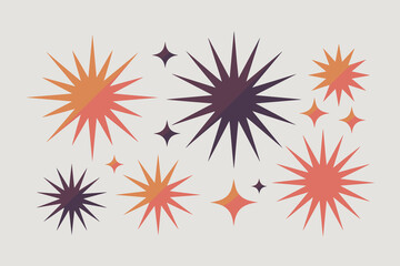 Retro starbursts and sparkles graphic design elements with gradient colors in vintage style for celebration and festive backgrounds abstract explosion shapes in orange purple and pink tones for decora
