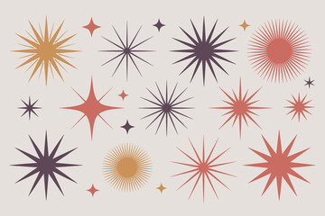 Retro starbursts mid century modern graphic elements abstract sunburst shapes vintage pattern design for decor background wallpaper festive celebration holiday sparkle retro pop art style vector illus