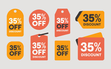 Set of 35 percent off discount tags and labels in modern graphic design style for retail sales promotions and marketing campaigns offering special price reductions and clearance offers