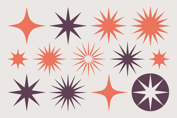 Retro starbursts and sparkles graphic elements collection mid century modern atomic star shapes abstract explosion burst for vintage design background pattern decoration celebration party festive cele