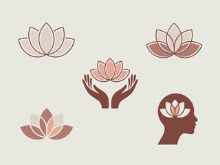Set of abstract lotus flower icons representing mindfulness meditation spiritual growth and mental wellness in pastel colors for yoga studios wellness centers and holistic health brands calm serene ae
