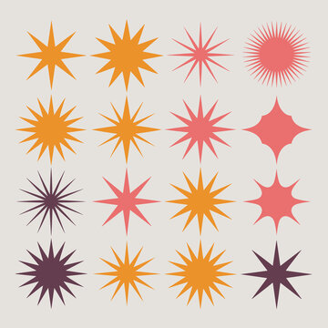 Retro starburst shapes collection graphic design elements abstract explosion burst retro geometric vintage style modern vector illustration for festive decoration celebration party holiday design asse