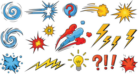Comic book explosion elements set with lightning bolts speech bubbles and speed lines for pop art design work © riazul