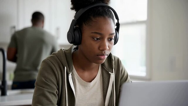 Focused african american student studying online at home