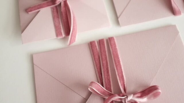 Elegant wedding invitation suite featuring a soft blush pink velvet ribbon tied in a bow on luxury textured pastel pink paper envelope. Close-up slow-motion detail video of bridal stationery.