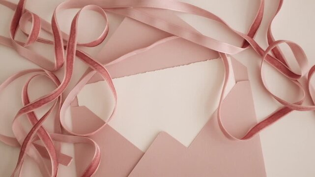 Elegant wedding invitation suite featuring a soft blush pink velvet ribbon tied in a bow on luxury textured pastel pink paper envelope. Close-up slow-motion detail video of bridal stationery.