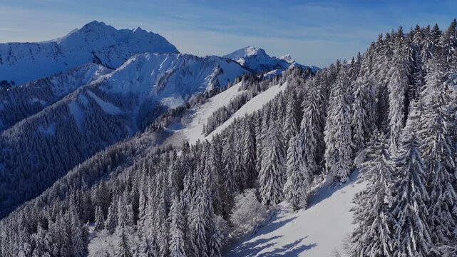 Winter aerial panorama over Roc d&rsquo;Enfer with Mont Blanc in background, French Alps