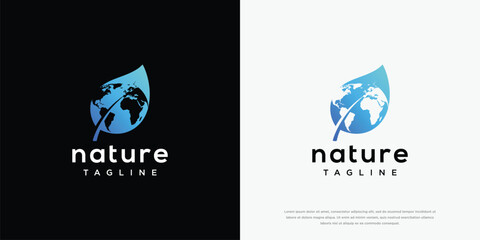 Fototapeta premium Global Nature Eco Logo Design - Planet Earth Leaf Water Drop Symbol for Environmental Branding.