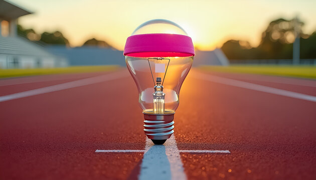 Unique glass light bulb wearing pink headband standing on running track at sunset, sports motivation, innovative fitness technology marketing, or creative athletic startup campaign posters