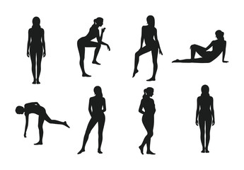 Vector silhouettes of women performing various fitness exercises and poses