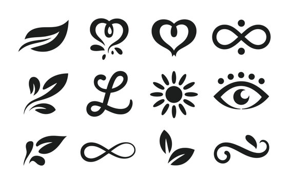Vector illustration of diverse symbols including leaves hearts and infinity signs