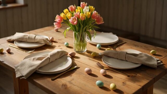 Rustic Easter table setting with tulips and pastel eggs