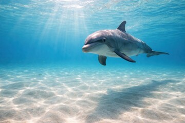 Obraz premium Dolphin Swims Gracefully in Clear Blue Water Near Sandy Ocean Floor During Sunny Day in Tropical Location