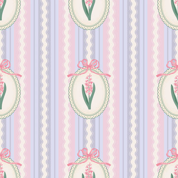 Coquette floral seamless pattern with Hyacinths in Frame. Vintage Rustic Vector Design for fabric, wallpaper, or wrapping paper.