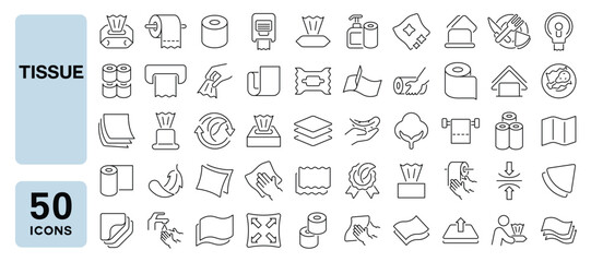 Fototapeta na wymiar Set of 50 line icons related to tissue, toilet paper, tissue box, paper roll, towel dispenser, wipes, tissue paper, Editable stroke. Vector illustration