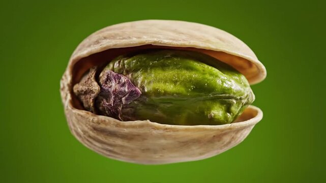 Close-up of a single pistachio nut with its shell slightly open, revealing the green kernel inside, set against a vibrant green background.