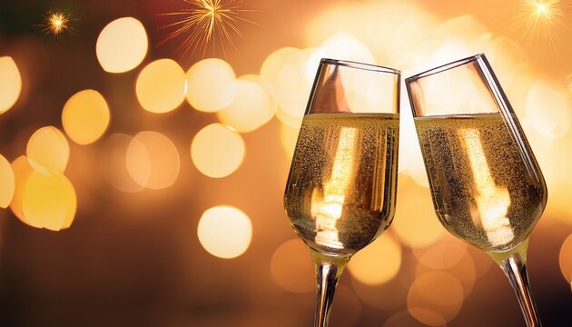 Dos Copas De Champan En Brindis Con Fondo Calido Y Luces Bokeh Doradas Para Plantilla Y Publicidad De Celebracion Lujo Festivo Y Escena Navidena De Fin De Ano Con Espacio Para Texto