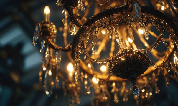 Opulent Vintage Chandeliers Warm Golden Glow and Sparkling Crystal Details.